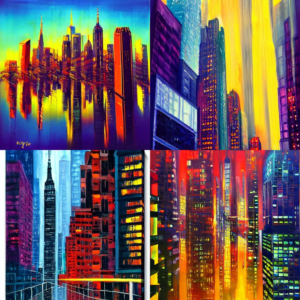 Prompt: new york skyscrapers, view from ground up. colorful night rain after midnight. reflections everywhere. highly detailed painting by slava ilyayev in neo noir style. strong, heavy gesture style.