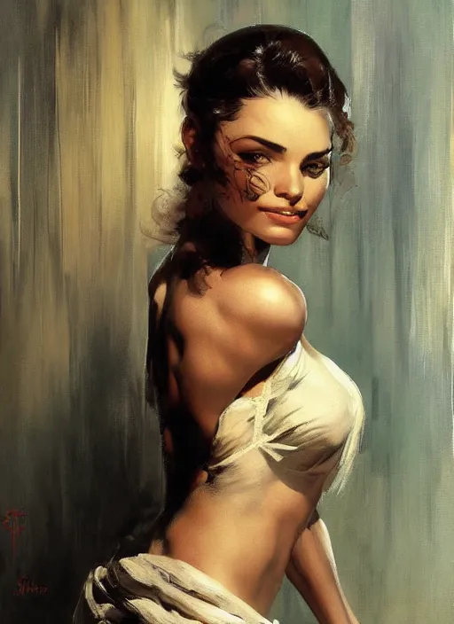 Prompt: beautiful painting, studio portrait of a woman with white linen in greece by yoji shinkawa frank frazetta, charlie bowater, magali villeneuve, j. c. leyendecker,