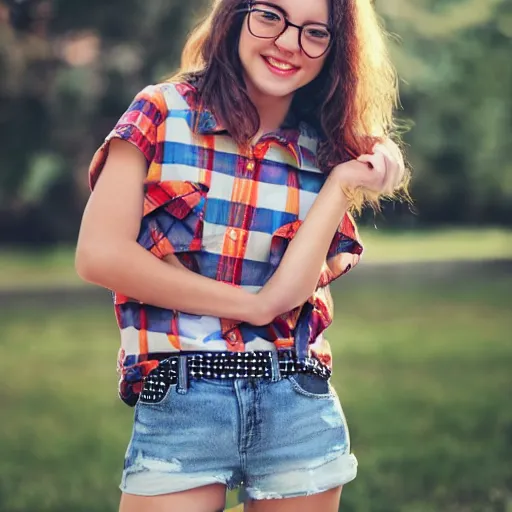 Prompt: cute modern style cartoon girl wearing plaid shirt and jean shorts, she is grinning