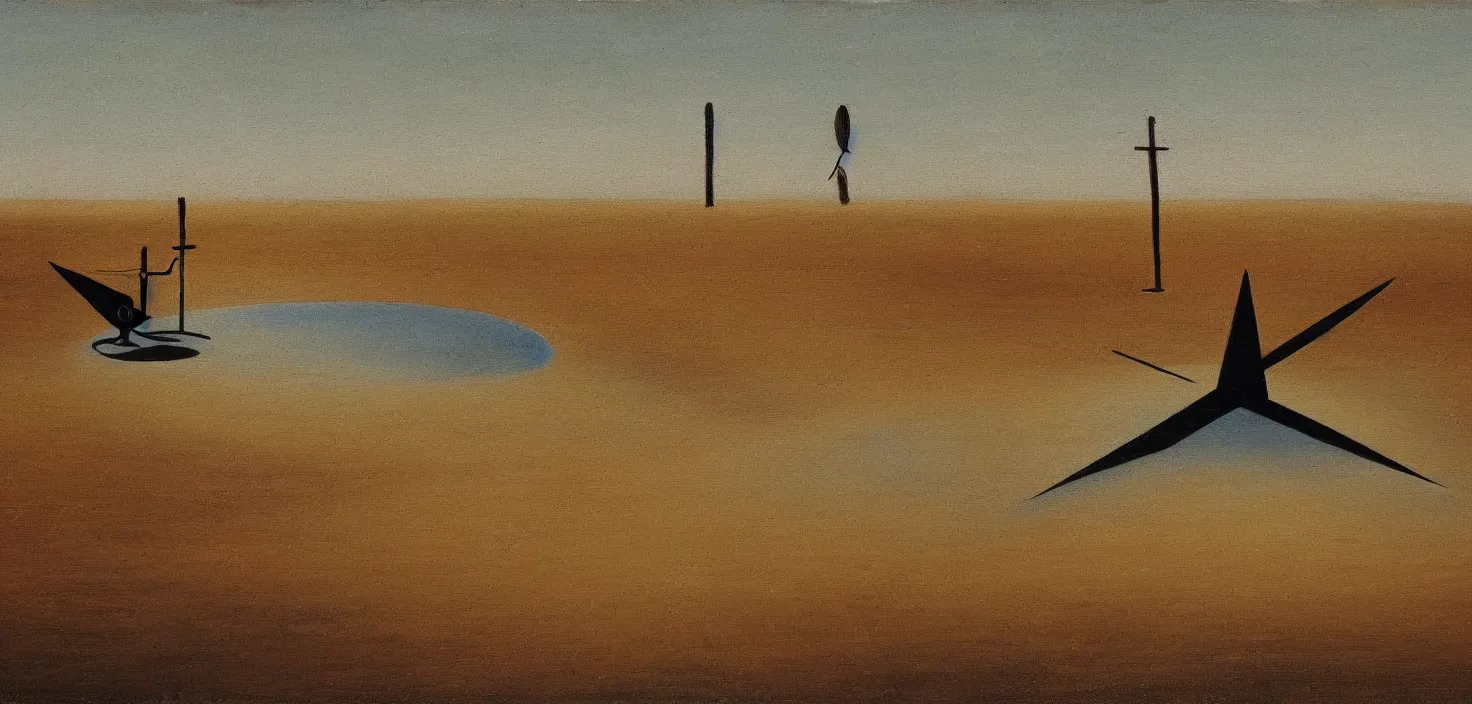 Image similar to painting of a giant sundial in the middle of the desert at the centre of a lake, small elongated planes, frenetic oil painting, values as flat shapes