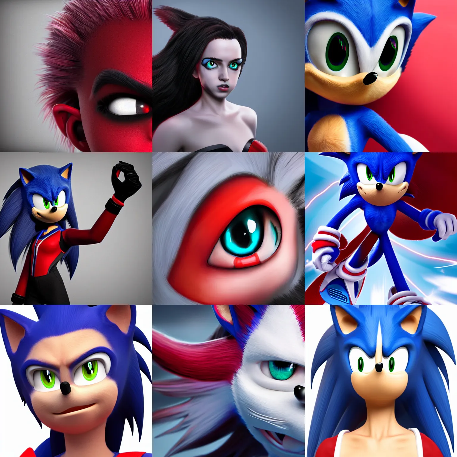 Prompt: female sonic the hedgehog with black sclera and bright red pupils, photorealistic