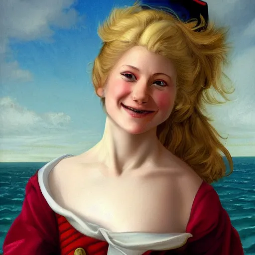 Image similar to a happy smiling loving blond beautiful pirate captain gazing into the horizon in the style of mary jane ansell.