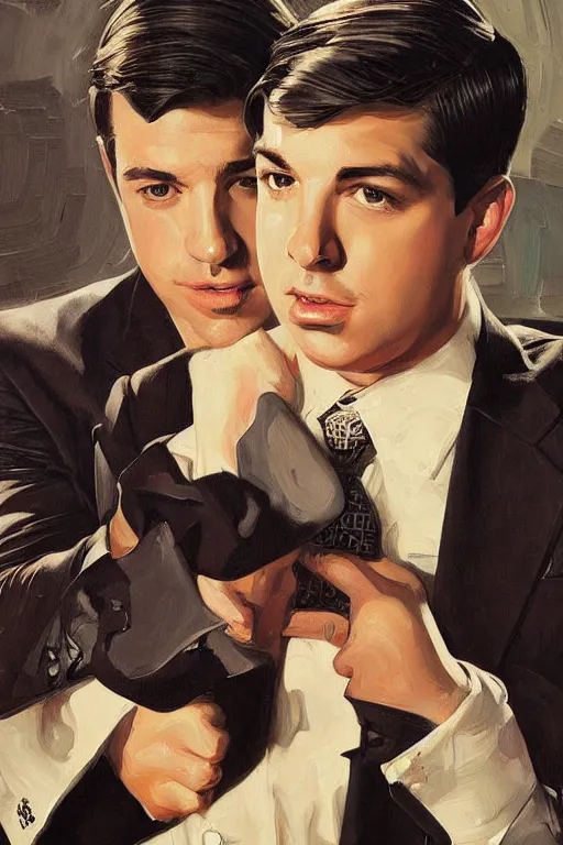 Image similar to drake bell and josh peck, painting by jc leyendecker!! phil hale!, angular, brush strokes, painterly, vintage, crisp