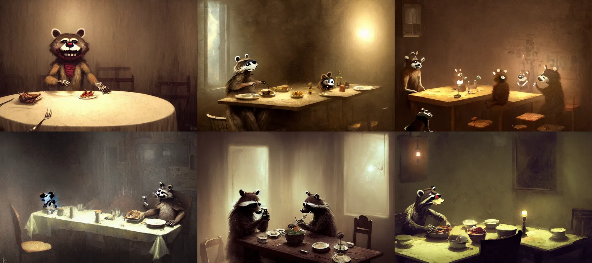 Prompt: raccoon animatronic fnaf silent hill eating dinner at a table in the backrooms happiness is temporary by greg rutkowski