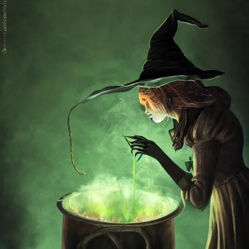 Image similar to close shot of a witch brewing in her lair, depressing, gloomy, tired, detailed, witch hat, dungeon, green smoke, fire, smoke, realism, realistic, hyper detailed, green lighting, ambient lighting, smoke, haze, bokeh, acrylic, digital painting,