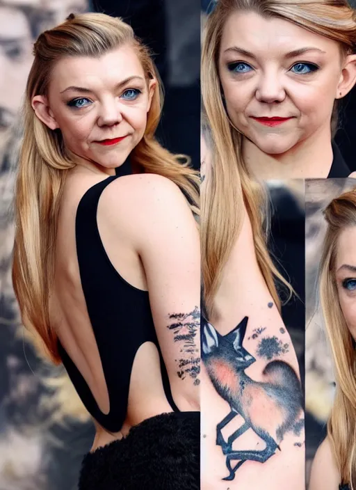 Image similar to natalie dormer wearing miniskirt with fox - tail doing a backflip, beautiful tattoos, focus, zeiss lens, detailed, symmetrical, centered, breathtaking, 8 k resolution, extremely detailed, beautiful, artistic, hyperrealistic, award - winning photography