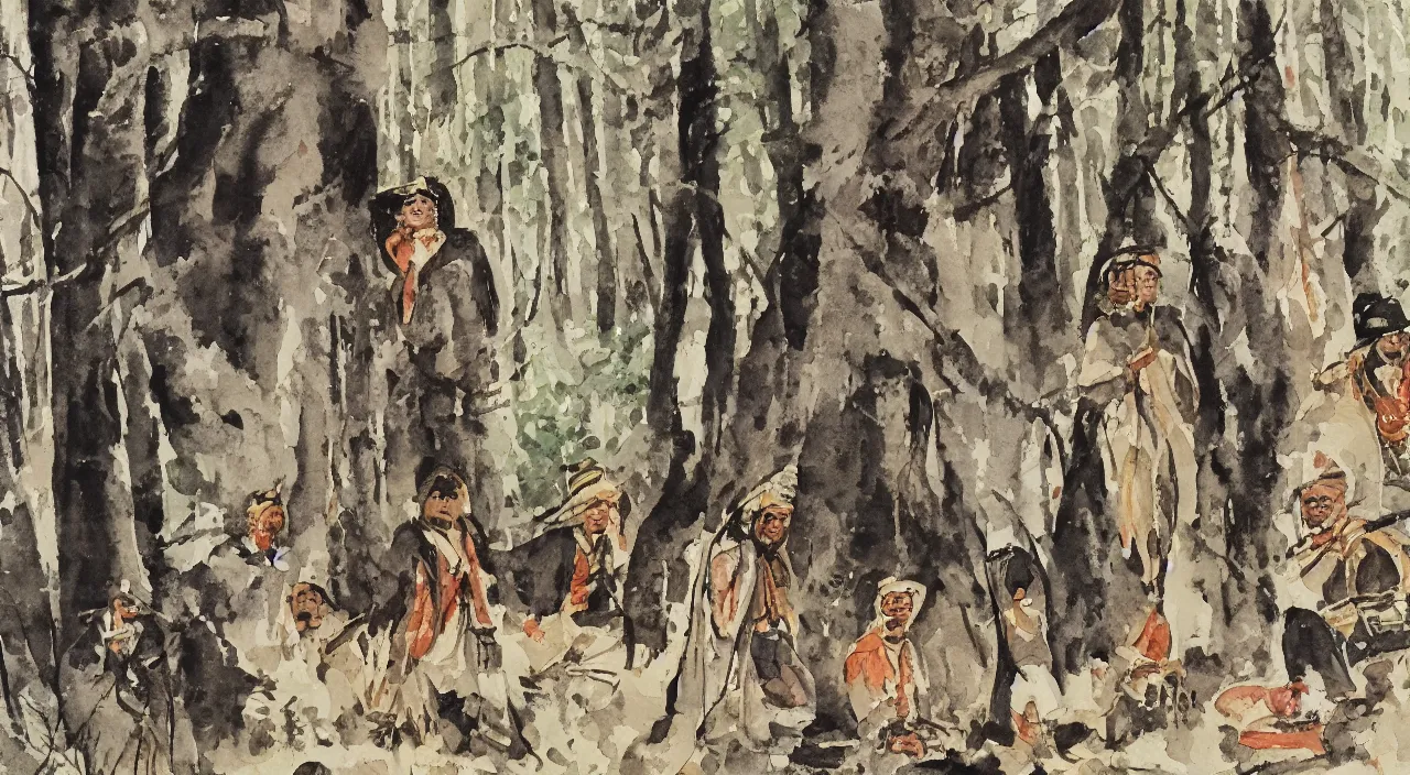 Image similar to close up portrait of Indian natives are waiting, hidden in the woods, watercolour by Hugo Pratt, oil on canvas