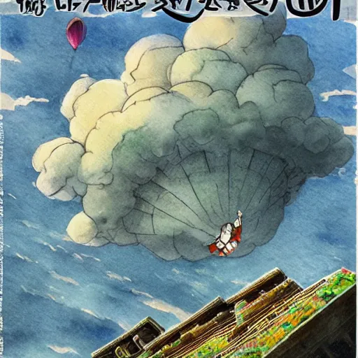 Image similar to laputa castle in the sky hayao miyazaki flying high in the sky, watercolor illustration for a book