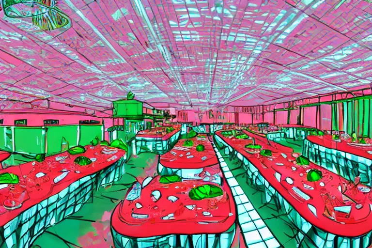 Image similar to 2 0 1 2 watermelon diner, tables repeat endlessly into the horizon, y 2 k cybercore cutecore fruitcore, one point perspective