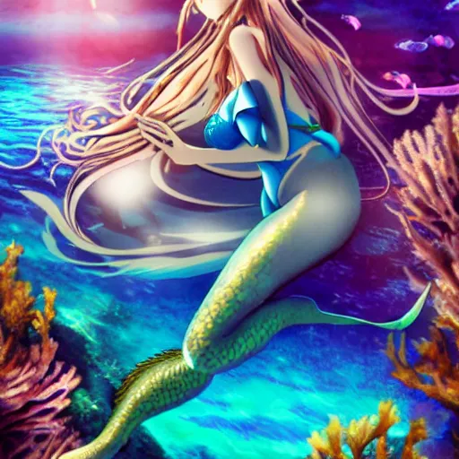 Prompt: underwater photography of a mermaid, anime key visual