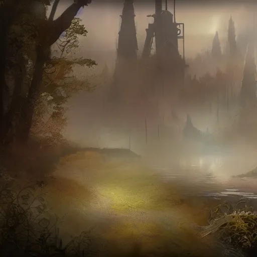 Image similar to a misty steampunk landscape, highly detailed, 8k, sharp focus, trending on artstation
