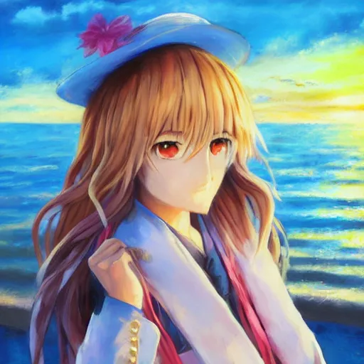 Prompt: Beautiful portrait of Kirisame Marisa from the Touhou project at the beach at sunset, touhou project official artwork, danbooru, oil painting by Antoine Blanchard, low detail, sold at an auction, oil on canvas , wide strokes, pastel colors, soft lighting, low contrast