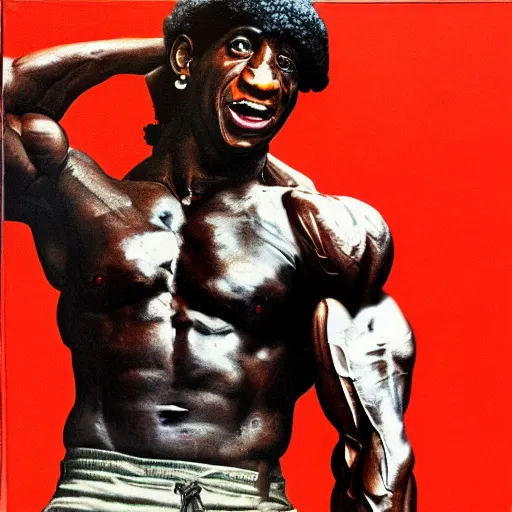 Image similar to rambo, 1 9 8 6, bill cosby, muscular, defined, shouting, oil on canvas octane render