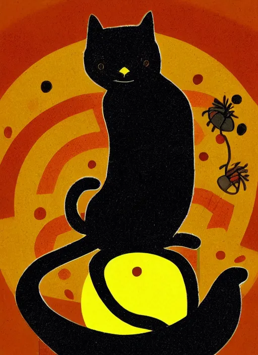 Image similar to a black cat standing on top of a yellow sun, a storybook illustration by sara saftleven, behance contest winner, nuclear art, sunrays shine upon it, god rays, digital illustration