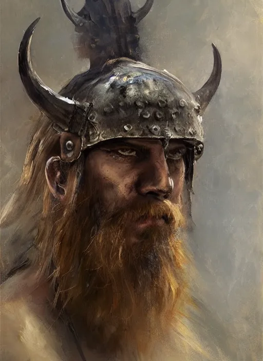 Image similar to portrait painting of viking berserker with a dinosaur headdress, by jeremy mann, only one head single portrait