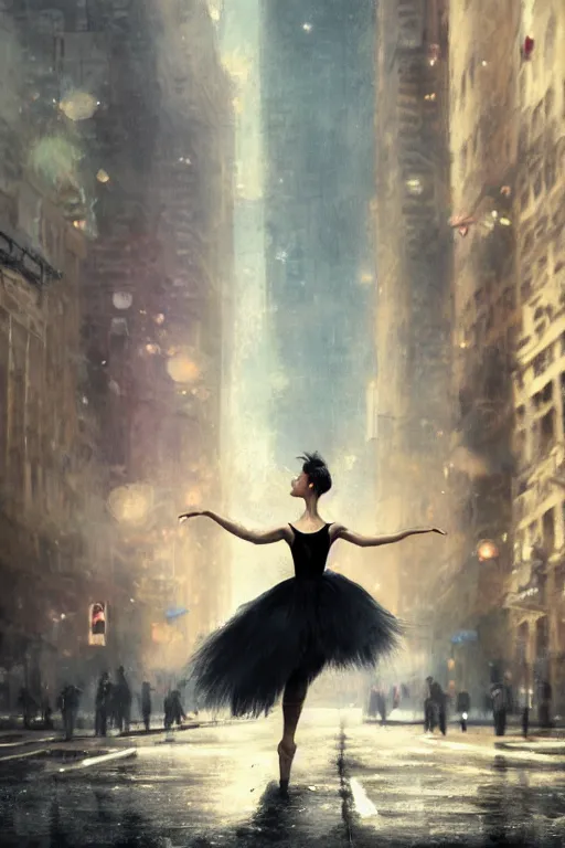 Image similar to a ballerina dancing in the empty streets of New York , beautiful woman, digital art, by Greg Rutkowski, volumetrics, dark realism, 4k, trending on artstation
