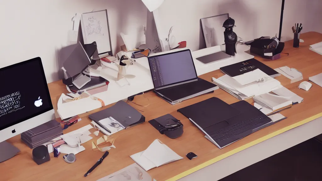 Image similar to the desk of a famous web designer working with apple computer, stylized retro minimalist design, loftis, cory behance hd, by moebius, makoto shinkai and lois van baarle, ilya kuvshinov, rossdraws global illumination