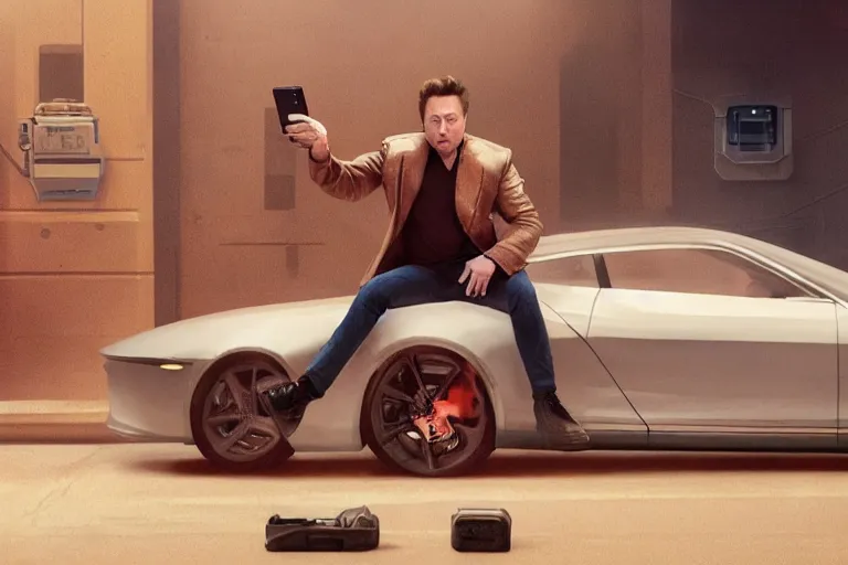 Image similar to hyperrealism aesthetic ridley scott and denis villeneuve style photography of a detailed hyperrealism elon musk, siting on a detailed cyberpunk toilet and scrolling his smartphone in hyperrealism scene from detailed art house movie in style of alejandro jodorowsky and wes anderson