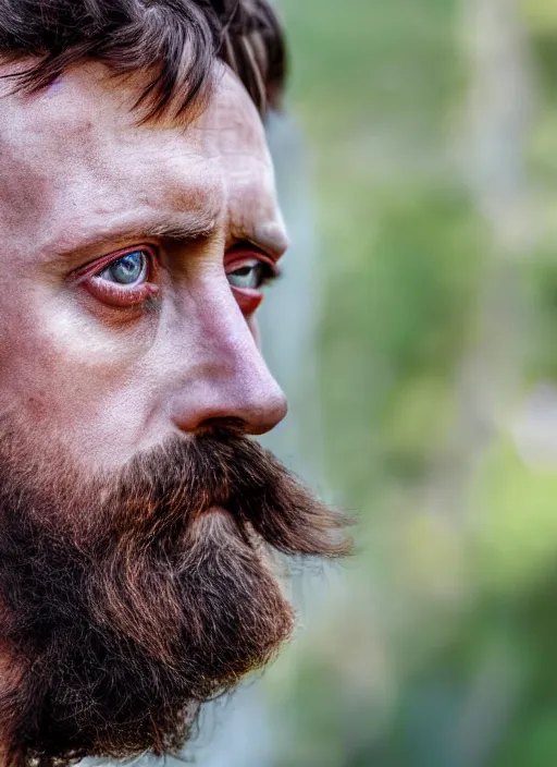 Image similar to photorealistic portrait photograph of forsen looking at you, twitch tv, hobo, long beard, depth of field, soft focus, highly detailed, intricate, realistic, national geographic cover, soft glow, textured skin