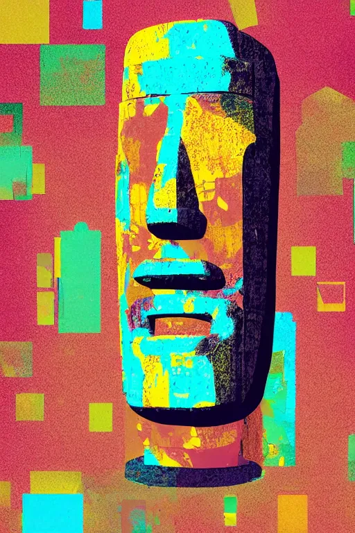 Image similar to abstract moai statue geometric cutout digital illustration cartoon colorful beeple