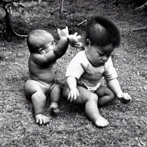 Prompt: a baby gorrila and a baby playing together, 1960s photography.
