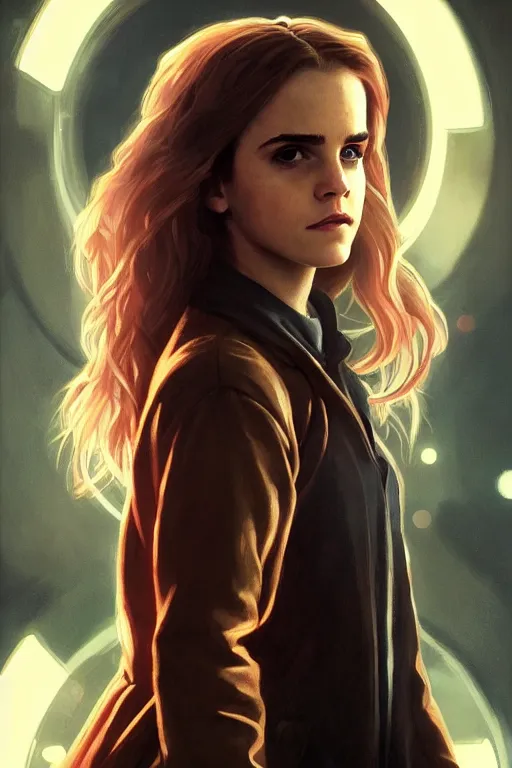 Prompt: portrait of Emma Watson as Hermione Granger in cyberpunk, neon lighting, digital art from artstation by Ruan Jia and Mandy Jurgens and Artgerm and william-adolphe bouguereau and Greg Rutkowski and Wayne Barlowe