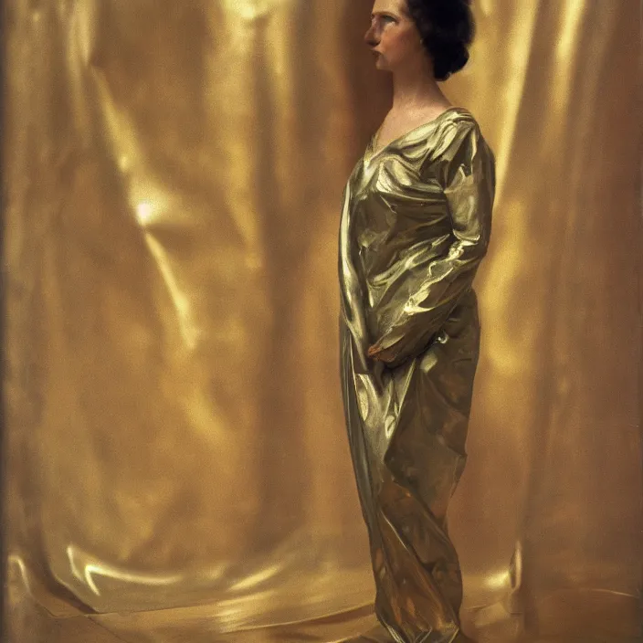 Prompt: closeup portrait of a woman wrapped in bronze cellophane, standing in an empty cafe, color photograph, by john singer sargent, canon eos c 3 0 0, ƒ 1. 8, 3 5 mm, 8 k, medium - format print