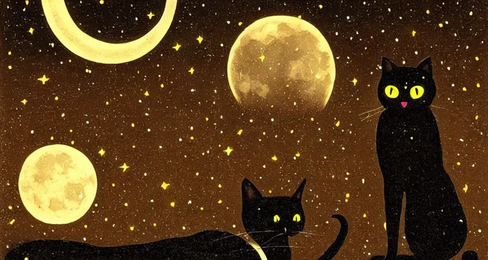 Image similar to black cat with glowing eyes looking up at the moon in a very dark open field at midnight with fireflies in the air and lots of stars in the sky, digital painting, highly detailed, magical, beautiful