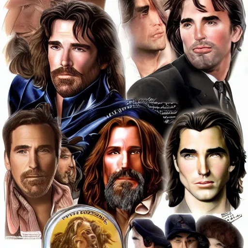 Prompt: Val Kilmer, George Clooney, Christian Bale, Ben Affleck, Robert Pattinson pre-raphaelite portrait, artgerm JSC, J. Scott Campbell