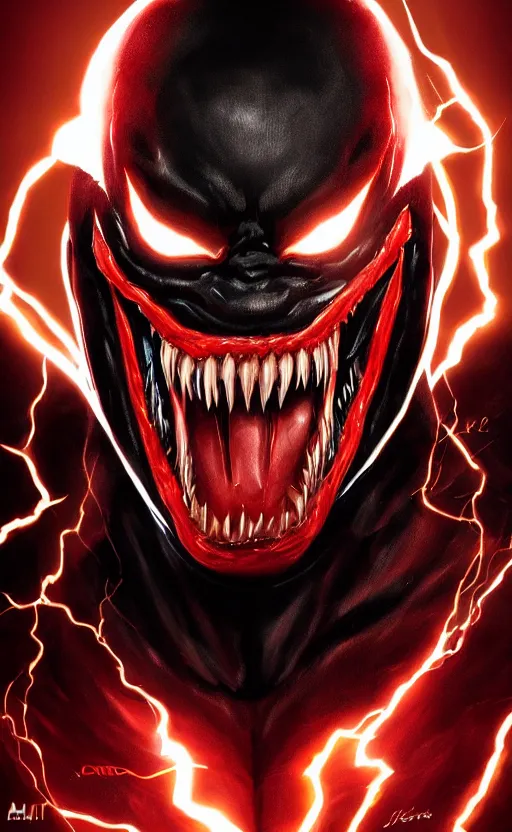 Prompt: portrait of venom as the flash, black and red, dynamic lighting, cinematic, ultra detailed, trending on art station, stunning visuals, creative, fantasy concept art