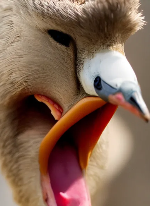 Prompt: close up of a goose screaming. honking goose. mouth open wide. nature award winning photography, canon dslr