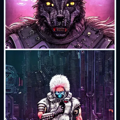 Image similar to portrait of a cybernetic werewolf warrior with white fur and power armor, cyberpunk concept art by josan gonzales and moebius and enki bilal and and dan mumford and jean claude meziere and philippe druilleg