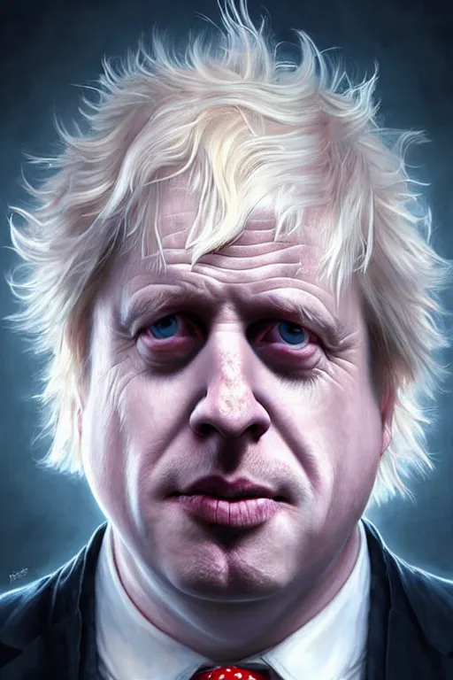 Image similar to Boris Johnson looks exactly like Rick Sanchez, unibrow, white robe, big eyes, 3d octane render, symmetrical, highly detailed, digital painting, artstation, concept art, smooth, sharp focus, illustration, cinematic lighting, art by artgerm and greg rutkowski and alphonse mucha