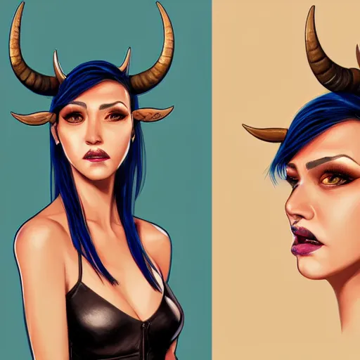 Image similar to illustrated realistic portrait of swept-back prong-horned devil woman with blue bob hairstyle and her tan colored skin and with solid black eyes wearing leather by rossdraws