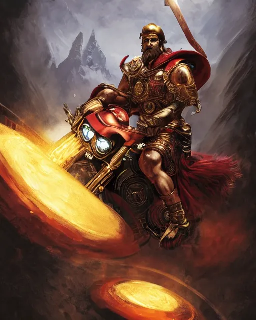 Image similar to Ares the Greek god of war riding a red Harley Davidson on Mount Olympus, wearing a golden helmet ,D&D, fantasy, cinematic lighting, centered, symmetrical, highly detailed, digital painting, artstation, concept art, smooth, sharp focus, illustration, volumetric lighting, epic Composition, 8k, art by Akihiko Yoshida and Greg Rutkowski and Craig Mullins, oil painting, cgsociety