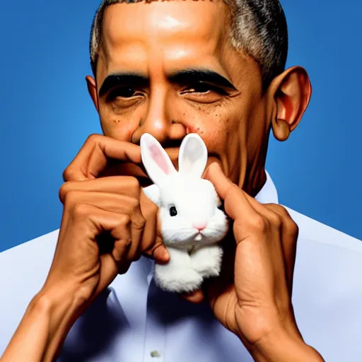 Image similar to Obama holding a small white bunny, realistic, ultra high detail, 8k.