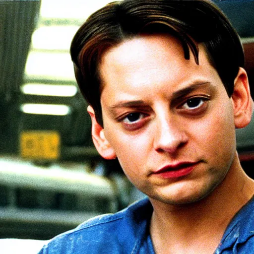 Prompt: photo of tobey maguire stopping a train