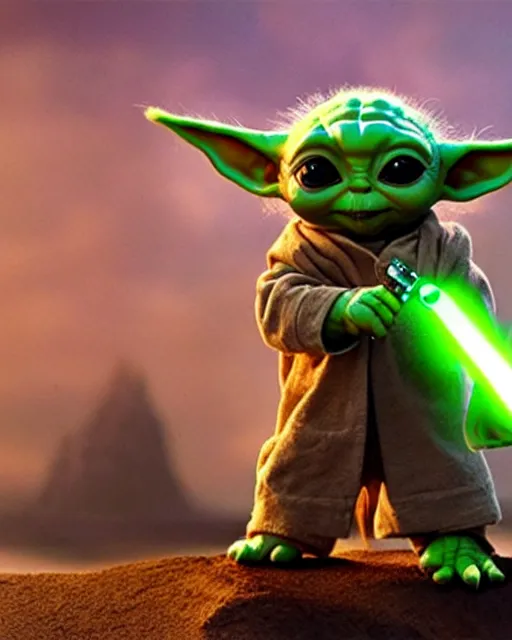 Image similar to baby yoda holding a tiny glowing lightsaber, rides an armored corgi dog, hyperreal, sand people, star wars filmed in the style of cinematographer gilbert taylor