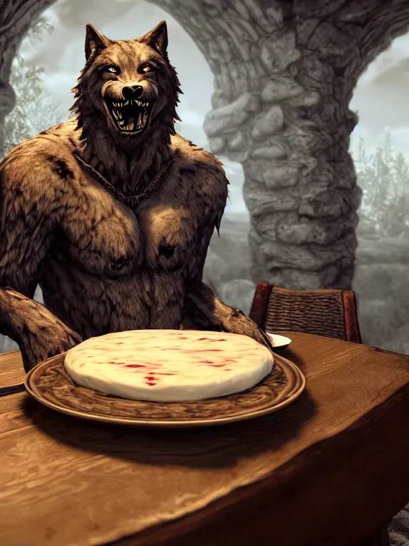 Image similar to cute handsome cuddly burly surly relaxed calm timid werewolf from van helsing sitting down at the breakfast table in the kitchen of a normal country home cooking having fun lighthearted whimsy whimsical baking strawberry tart cakes unreal engine hyperreallistic render 8k character concept art masterpiece screenshot from the video game the Elder Scrolls V: Skyrim