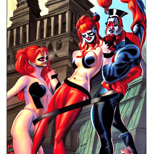 Image similar to MBS dressed as Harley Quinn decapitating the Statue of Liberty art panel by alex ross deviant art style frame