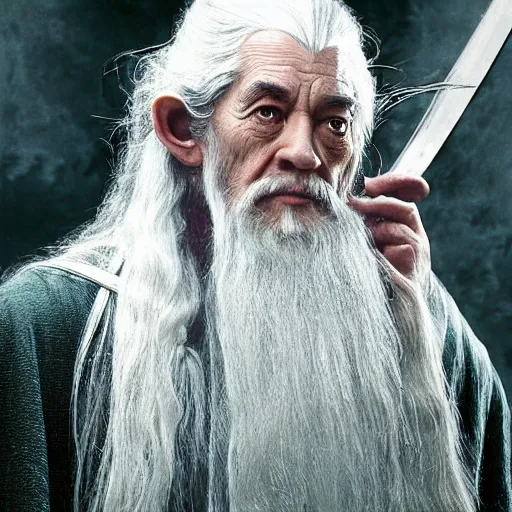 Prompt: a still from “ lord of the rings ” of a head and shoulders portrait of fei lung dressed like gandalf, photo by phil noto