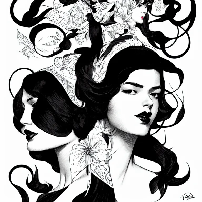 Image similar to black and white silhouette feminine woman portrait - hunter, logo, ink drawing, art by jc leyendecker and sachin teng