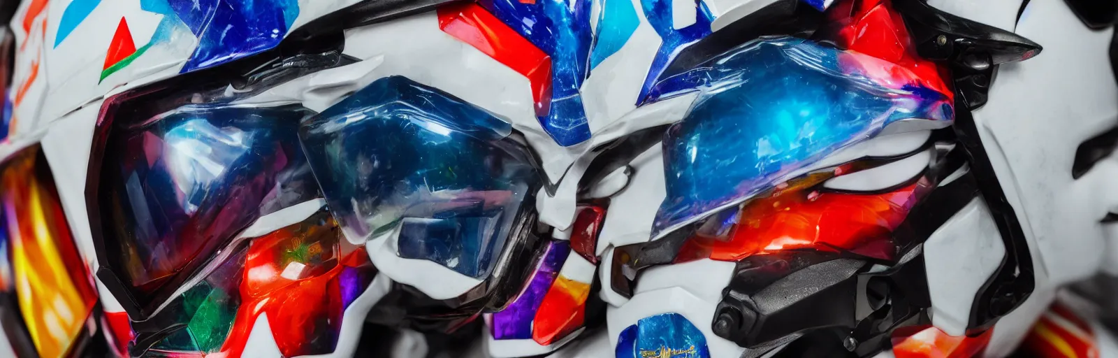 Image similar to beautifully lit extreme close up photo of a white marble statue of an anime girl with colorful motocross logos and motorcycle helmet with closed visor, colorful smoke in the background, carved marble statue, fine art, neon genesis evangelion, virgil abloh, offwhite, denoise, highly detailed, 8 k, hyperreal