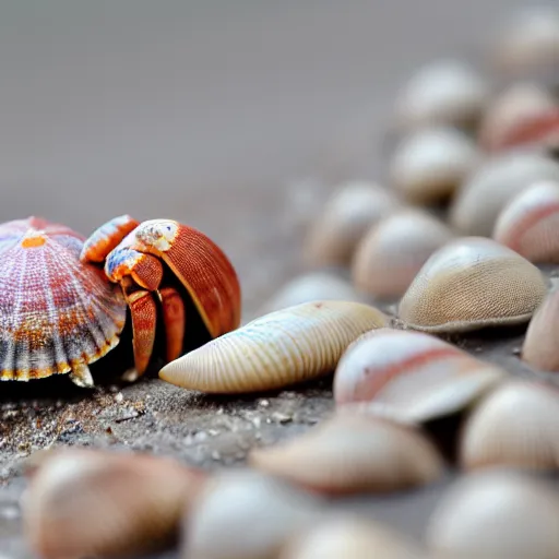 Prompt: hermit crab looking over shells realistic photography