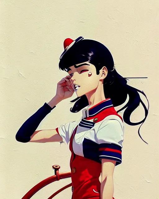 Image similar to a ultradetailed beautiful panting of a stylish woman wearing a sailor uniform, she has black hair, by conrad roset, greg rutkowski and makoto shinkai, trending on artstation