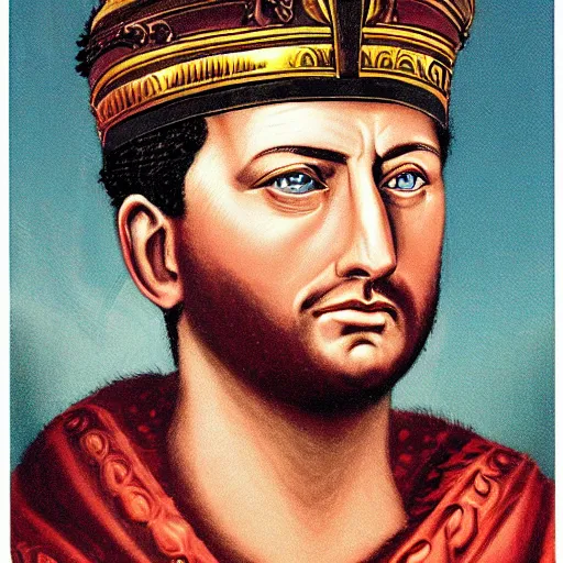 Image similar to 1 9 9 0 s roman emperor, political portrait of roman emperor, 1 9 9 7, roman empire modern, alternate history