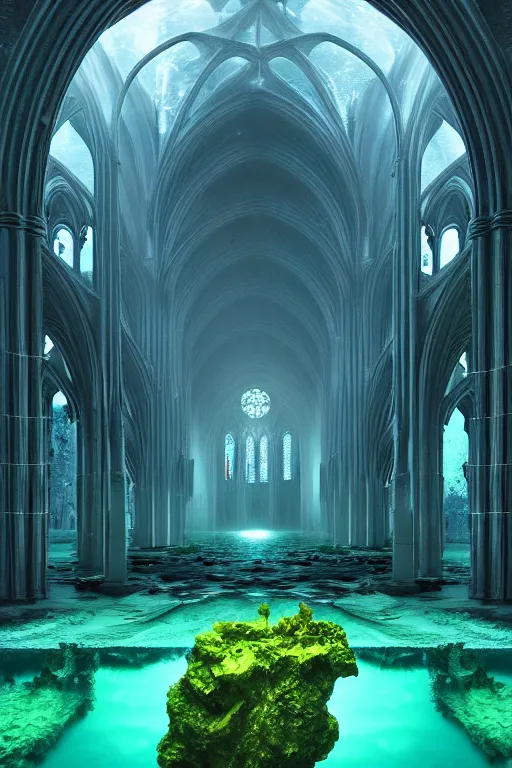 Prompt: hyperrealistic precisionist cinematic underwater dystopian neo - gothic cathedral ruins with giant luminescent colorful aquatic plants and jellyfish, digital art masterpiece, aykut aydogdu eric zener, dramatic volumetric light, long shot, low angle uhd 8 k, sharp focus
