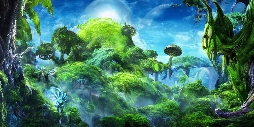 Image similar to navi planet from the movie avatar, landscape art, digital art, alien trees and animals