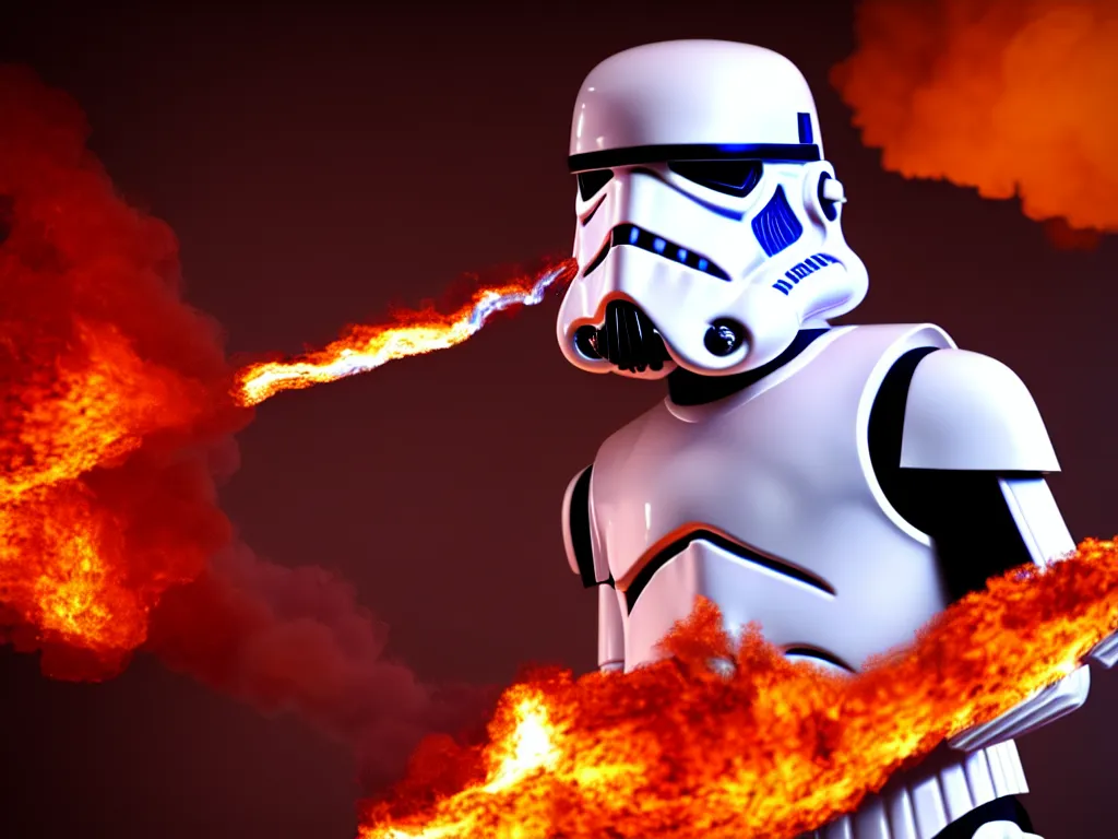 Image similar to storm trooper in a battle, smoke, fire, explosions, chrome, shiny, reflective, metallic, 3 d render, realistic, hdr, stan winston studios, dramatic lighting, flame colors bright,