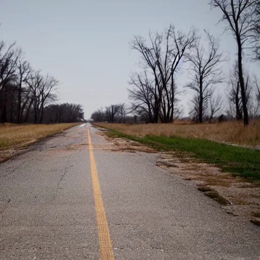 Prompt: walking in the middle of a road in a depression era midwest town that was abandoned w 7 6 4